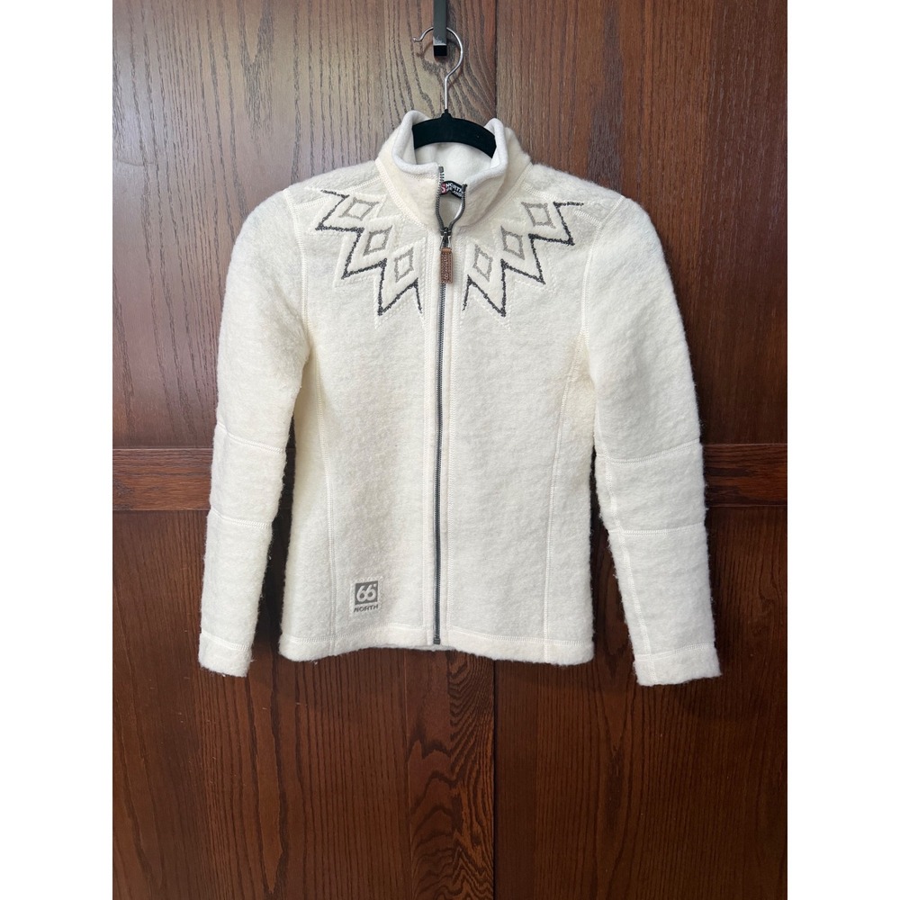 66 North Iceland Kaldi Wool Jacket Womens XS Off White Full Zip Icelandic Fleece
